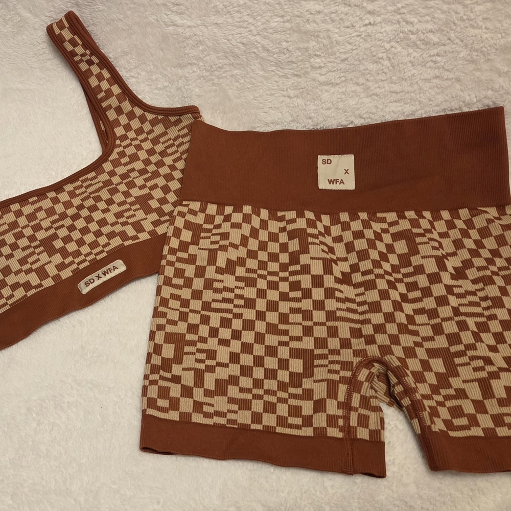 SD X WFB Brown and Tan Patterned Activewear Set. Top XL Shorts L
